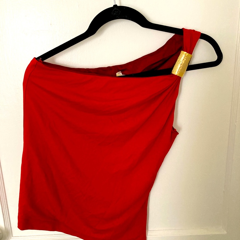 Red One Shoulder Gold Accent L Michael Kors Top